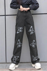Pantalones vaqueros holgados con estampado de mariposas y cintura alta